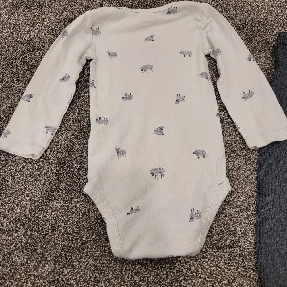 Carters Baby 18M Sheep Print Bodysuit and Gray Ribbed Suspender Pants Set 2pc
